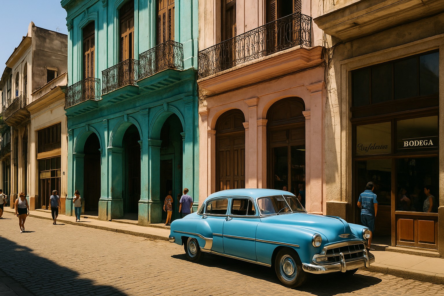 Eine sonnenbeschienene Straße in Alt-Havanna mit pastellfarbenen Kolonialgebäuden und einem blauen Oldtimer-Chevrolet aus den 1950er-Jahren im Vordergrund.
