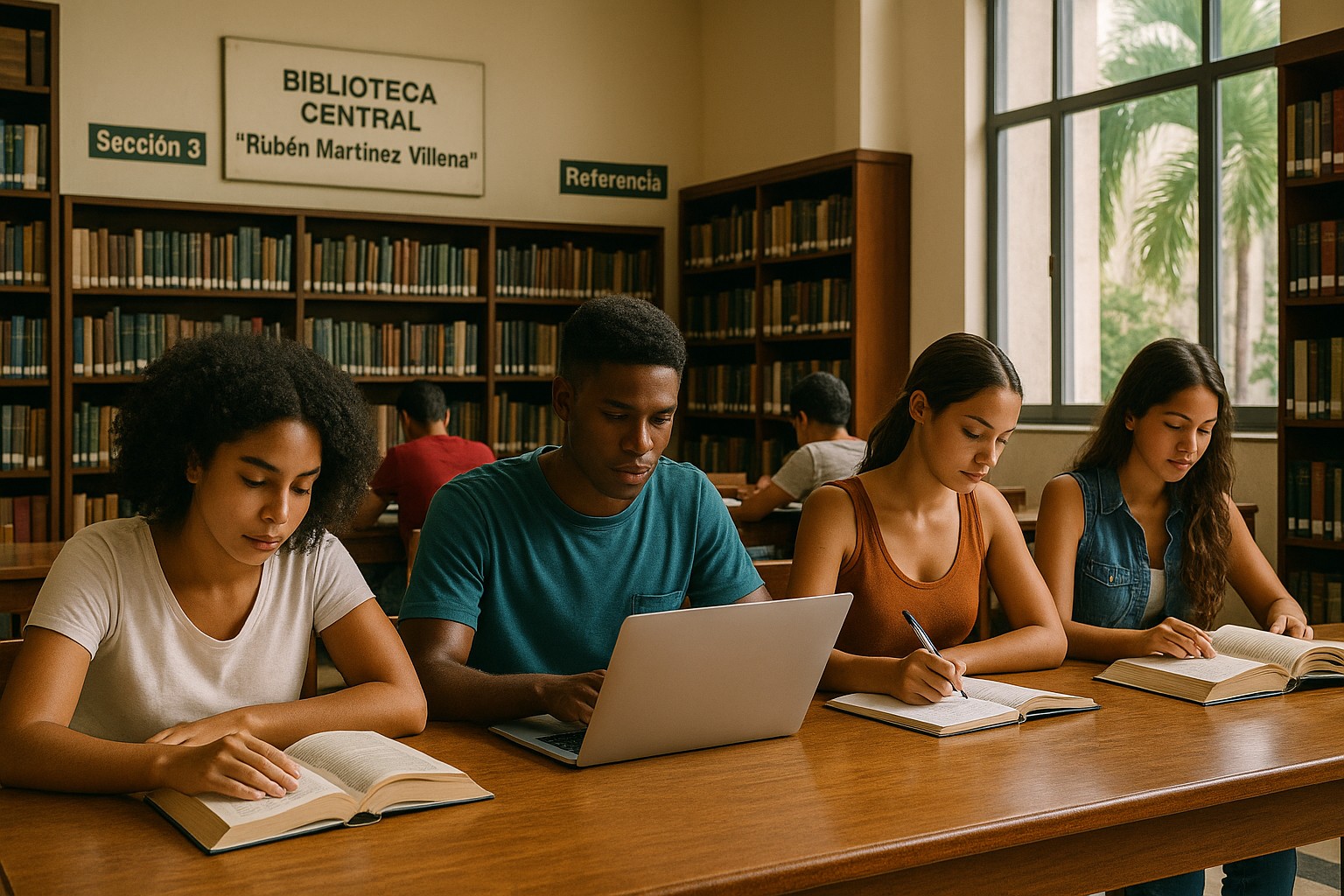 Studenten studieren in der Biblioteca Central „Rubén Martínez Villena“ an der Universidad de La Habana, umgeben von hohen Bücherregalen und Blick auf Palmen durch große Fenster.
