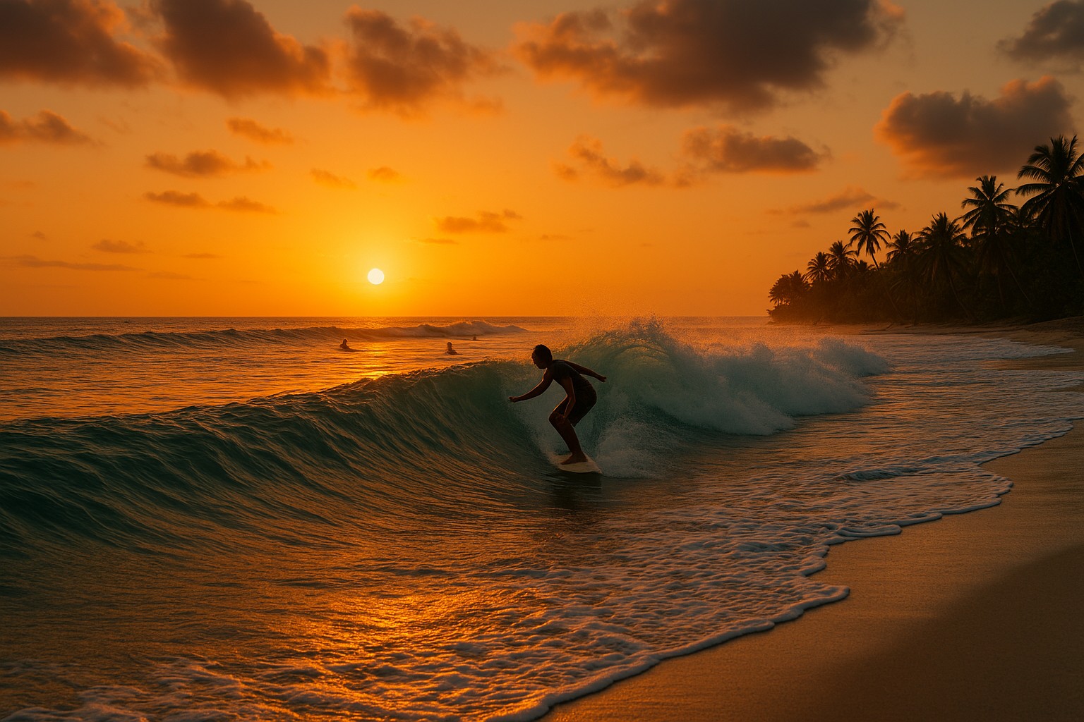 Ein Surfer reitet eine kraftvolle Welle bei Sonnenuntergang an einem tropischen Strand in Panama, während die goldene Sonne den Himmel in warmen Farben färbt.