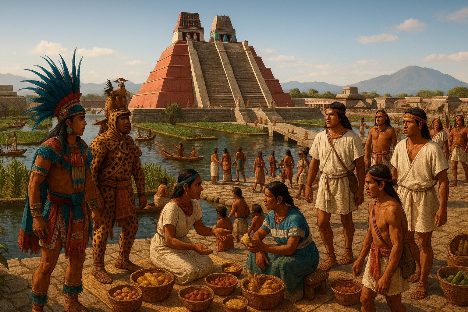 Hyperrealistische digitale Rekonstruktion der aztekischen Hauptstadt Tenochtitlán mit dem Templo Mayor im Hintergrund, Marktständen und Menschen in traditioneller Kleidung.