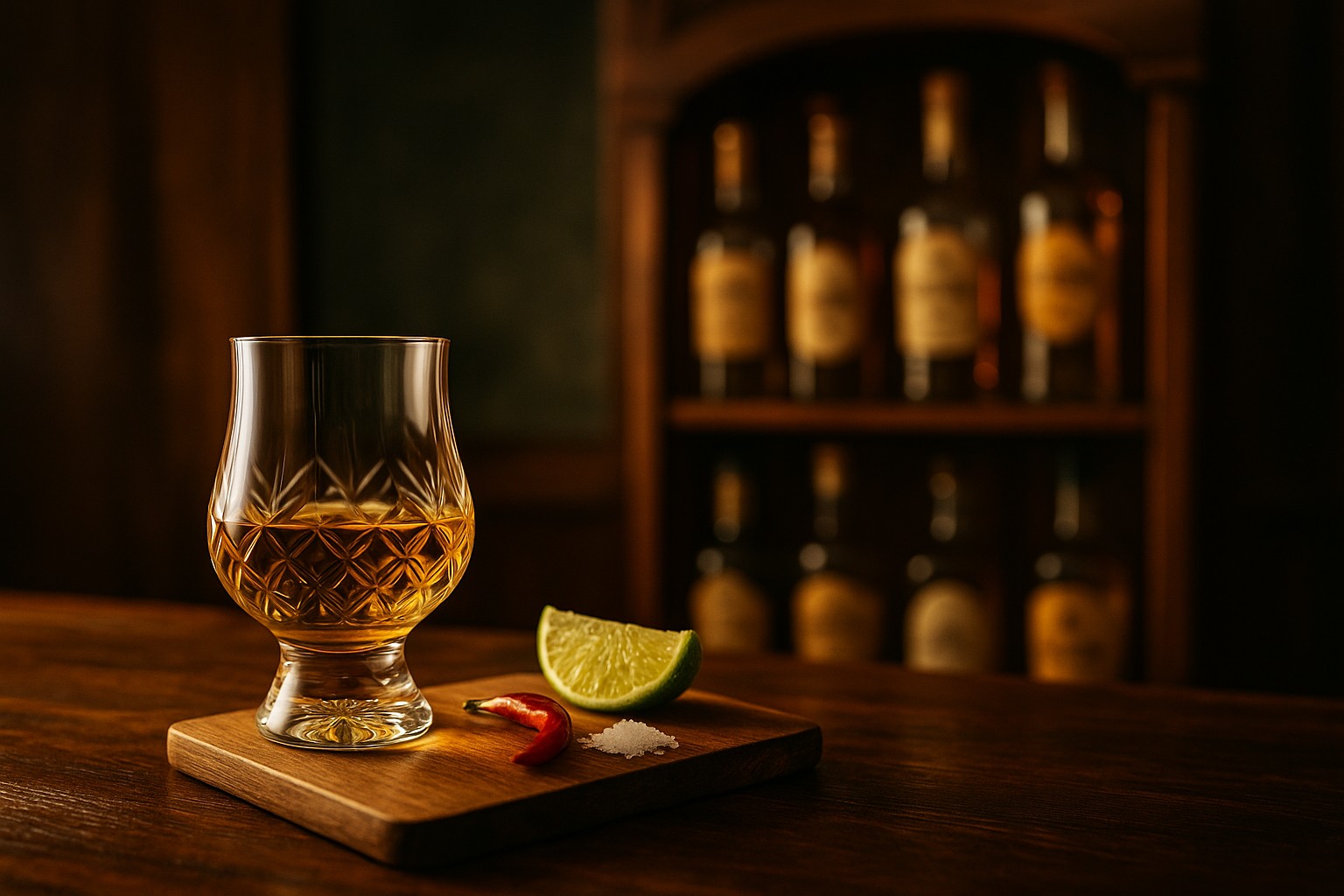 Ein Kristallglas mit goldenem Tequila steht auf einem Holztisch, daneben Limette, Salz und Chili, während im Hintergrund Flaschenregale eines traditionellen mexikanischen Bars unscharf sichtbar sind.