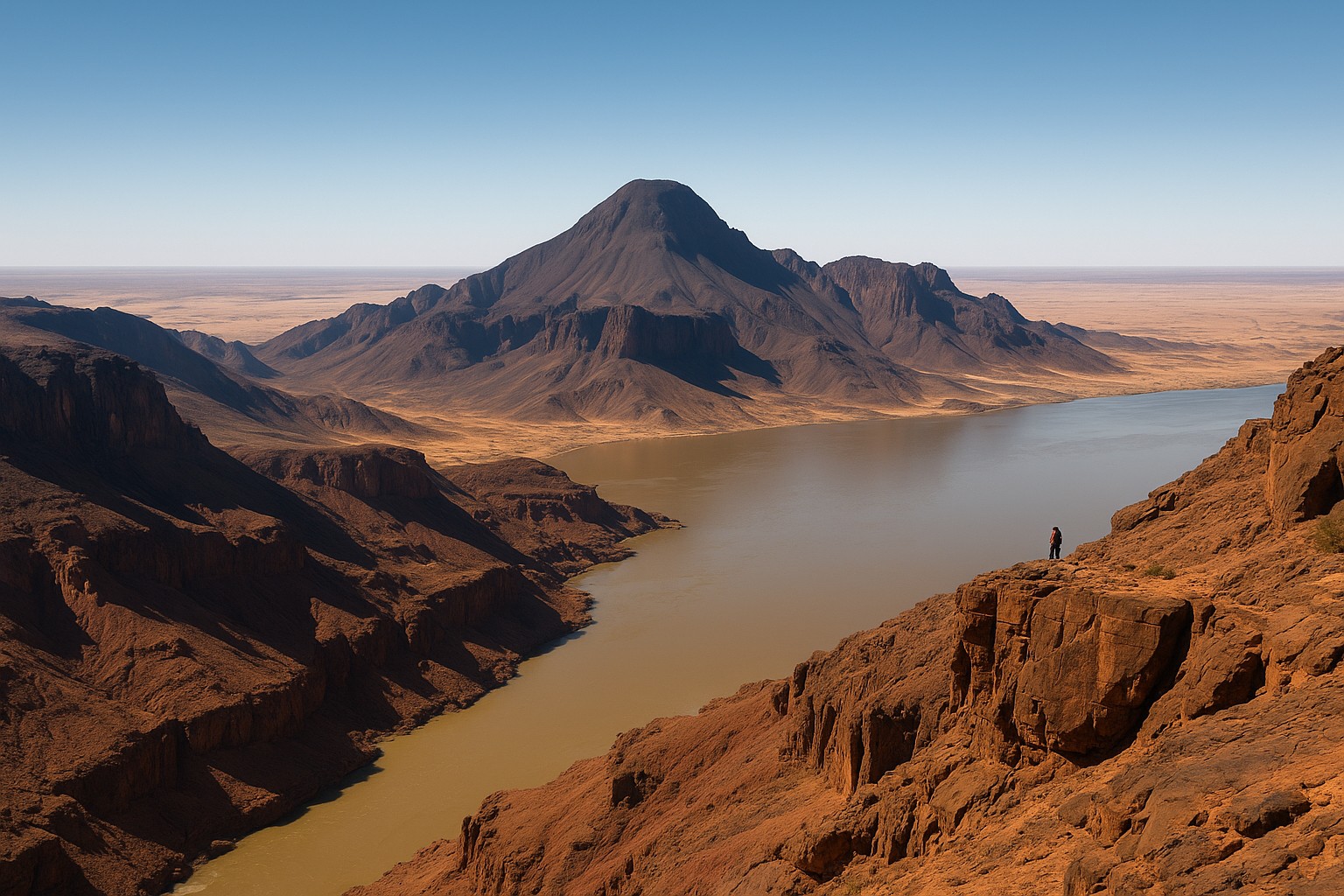 Panorama der Tibesti-Berge in der Sahara mit dem imposanten Emi-Koussi-Gipfel, roten Felsformationen im Vordergrund und goldenem Wüstensand im Hintergrund, unter strahlend blauem Himmel.
