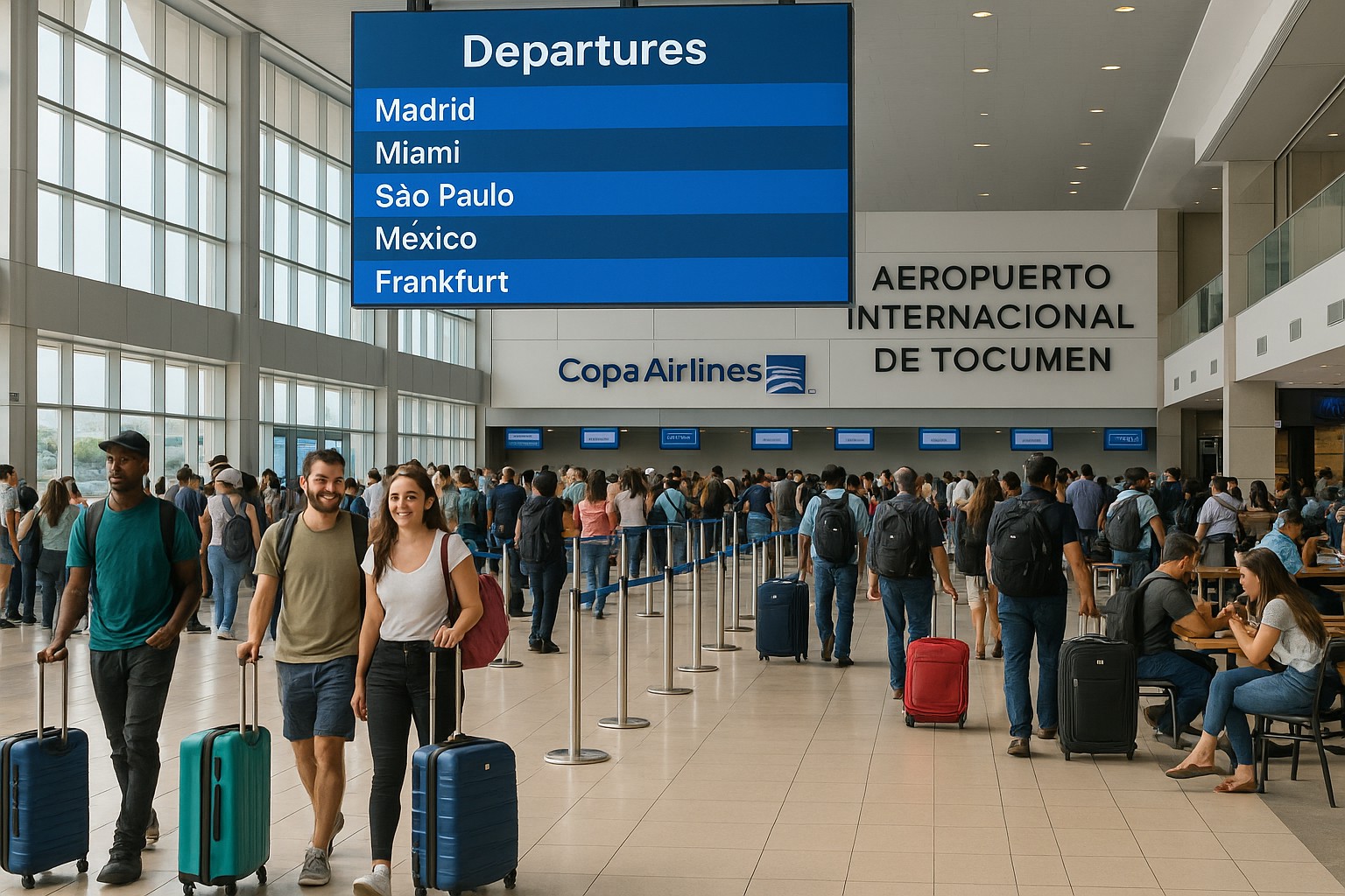 Reisende mit Koffern bewegen sich durch die helle Abflughalle des Flughafens Tocumen in Panama, mit einem großen blauen Abflugbildschirm und dem Logo von Copa Airlines im Hintergrund.