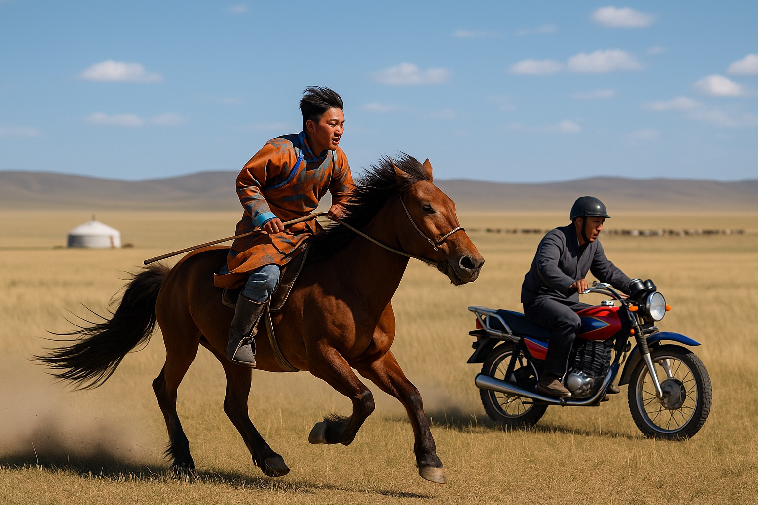 Ein mongolischer Hirte in traditioneller Kleidung reitet auf einem braunen Pferd durch die Steppe, während neben ihm ein anderer Hirte auf einem Motorrad fährt, im Hintergrund eine Jurte und weidende Herde.