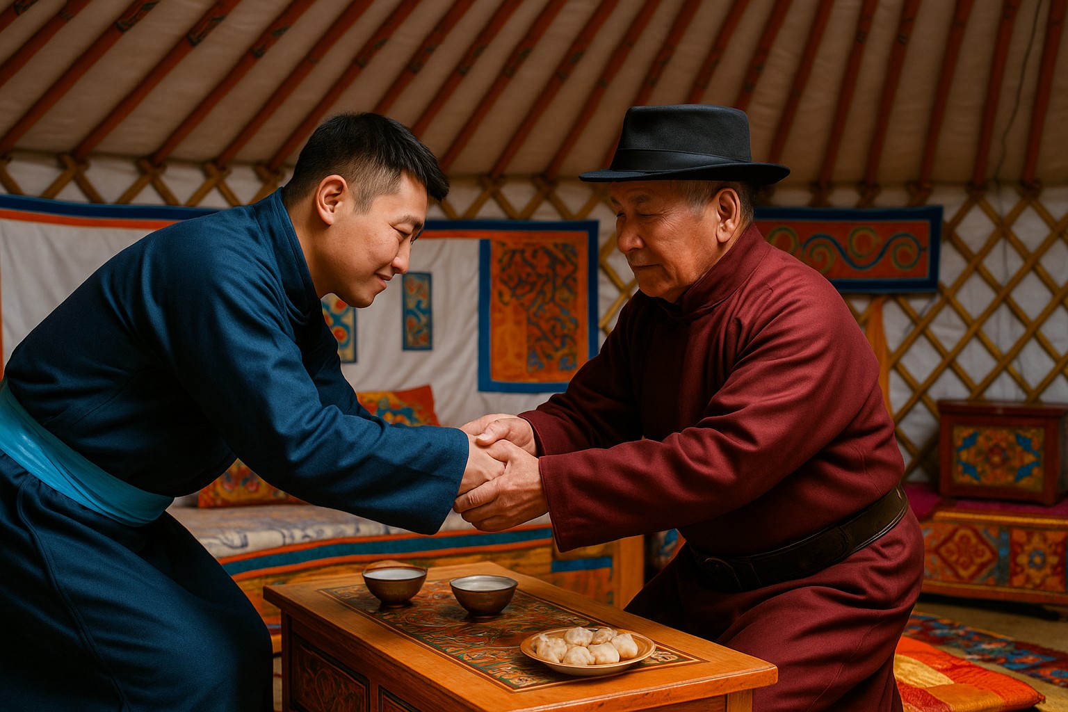 Ein junger Mongole und ein älterer Mann führen in einer festlich dekorierten Jurte die traditionelle Begrüßung „Zolgokh“ aus, während auf dem Tisch Airag und Buuz stehen.