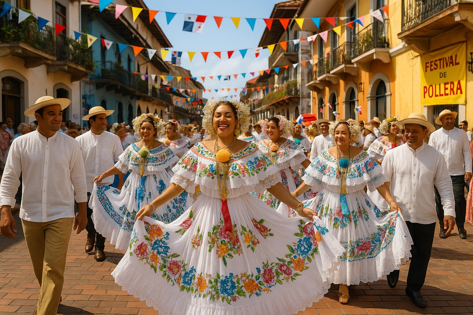 Panamaische Frauen in traditionellen weißen Polleras mit bunten Blumenstickereien tanzen lächelnd bei einem Straßenfest, begleitet von Männern in Montuno-Trachten unter bunten Fahnenketten in der Altstadt von Panama.