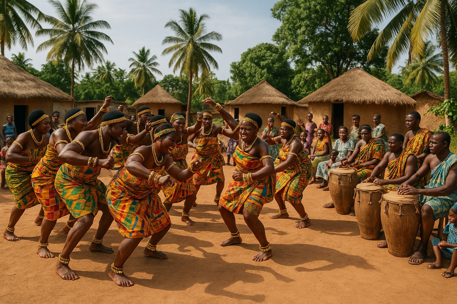 Traditionelle ghanaische Tanzaufführung im Dorf, Frauen in bunten Kente-Stoffen tanzen kraftvoll, während Männer auf große Trommeln schlagen, umgeben von Dorfbewohnern und Palmen.