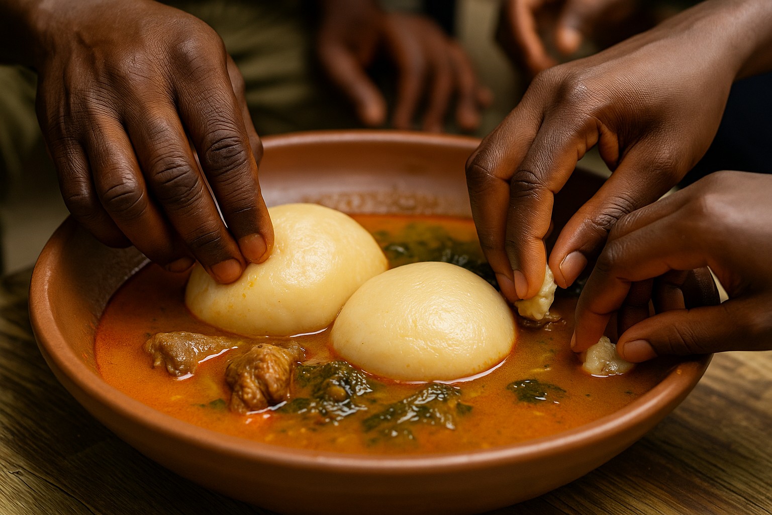 Nahaufnahme von drei ghanaischen Händen, die mit der rechten Hand Fufu aus einer großen Tonschüssel mit roter Suppe, Gemüse und Fleisch aufnehmen.