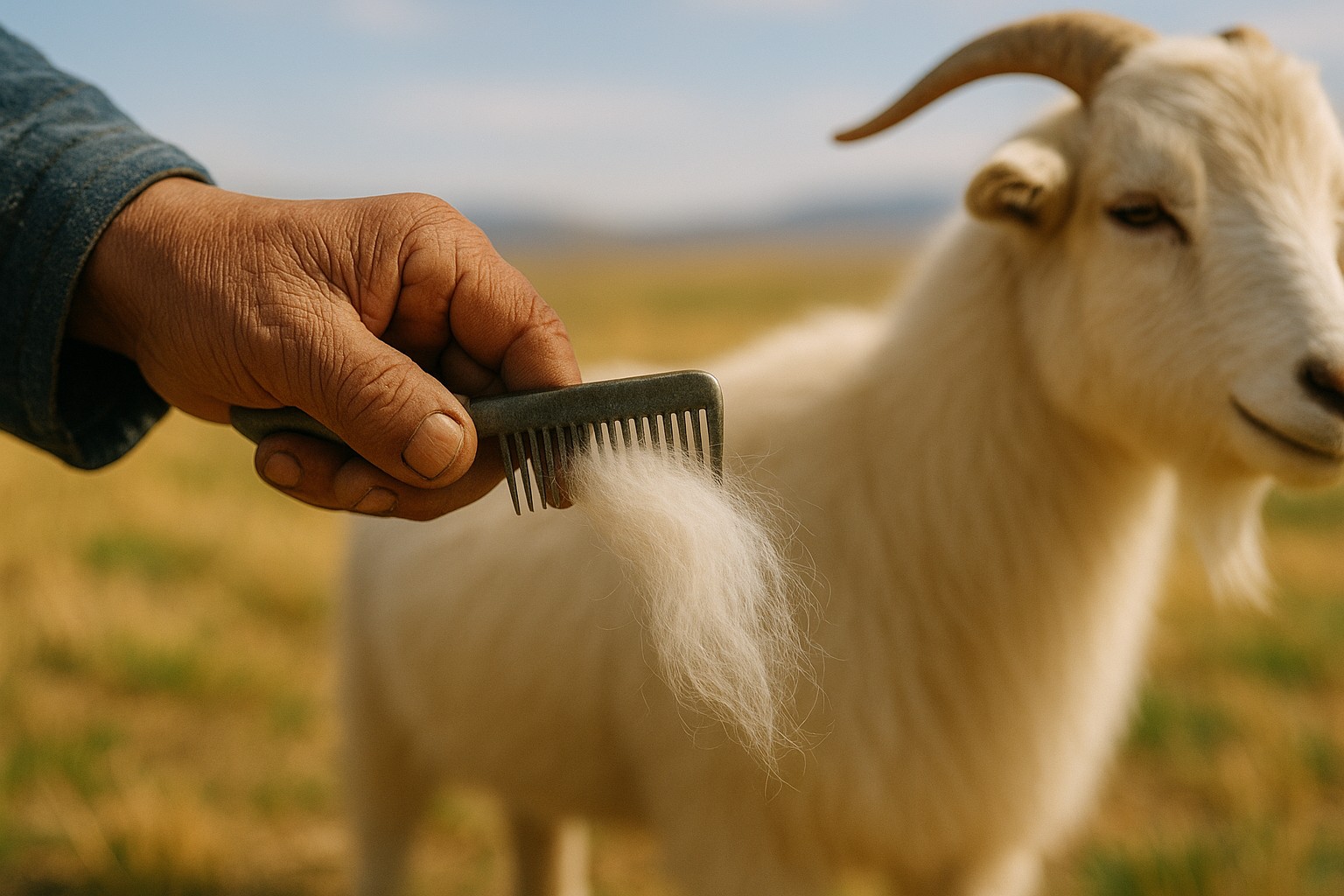 Nahaufnahme einer mongolischen Hand, die mit einem Metallkamm feine Kaschmirfasern aus dem Fell einer Ziege kämmt, vor unscharfem Steppenhintergrund.