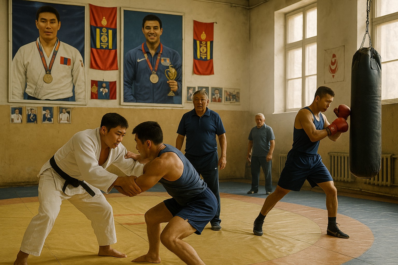 Junge mongolische Sportler trainieren in einer alten Turnhalle in Ulaanbaatar – zwei Ringer kämpfen auf der Matte, während ein Boxer am Sandsack übt und ein Trainer aufmerksam zusieht.