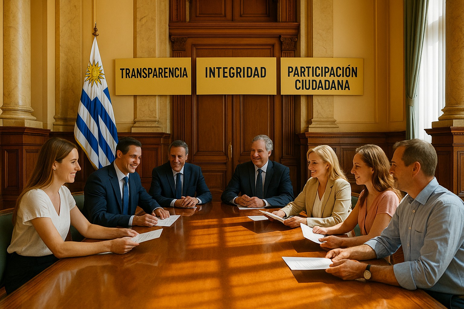 Regierungsbeamte und Bürger sitzen in einem sonnendurchfluteten Saal in Montevideo um einen Konferenztisch, mit der Flagge Uruguays und spanischen Bannern „Transparencia“, „Integridad“ und „Participación ciudadana“ im Hintergrund.