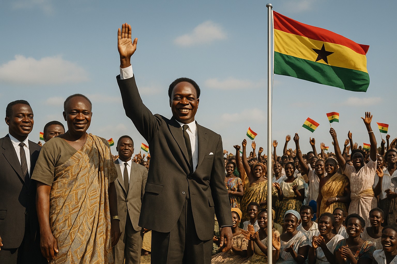 Kwame Nkrumah hebt triumphierend die Hand bei der Unabhängigkeitsfeier Ghanas 1957, während die ghanaische Flagge weht und eine jubelnde Menschenmenge im Hintergrund Fahnen schwenkt.