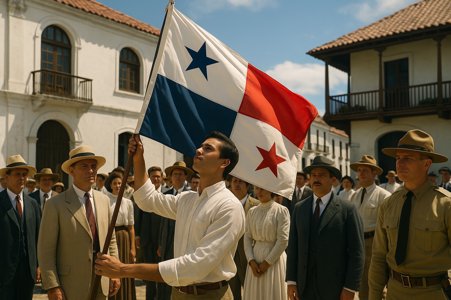 Ein historisches Foto zeigt einen jungen Mann in Panama-Stadt, der 1903 stolz die neu angenommene panamaische Flagge hisst. Um ihn herum stehen Menschen in zeitgenössischer Kleidung, während zwei US-Soldaten die Szene beobachten.