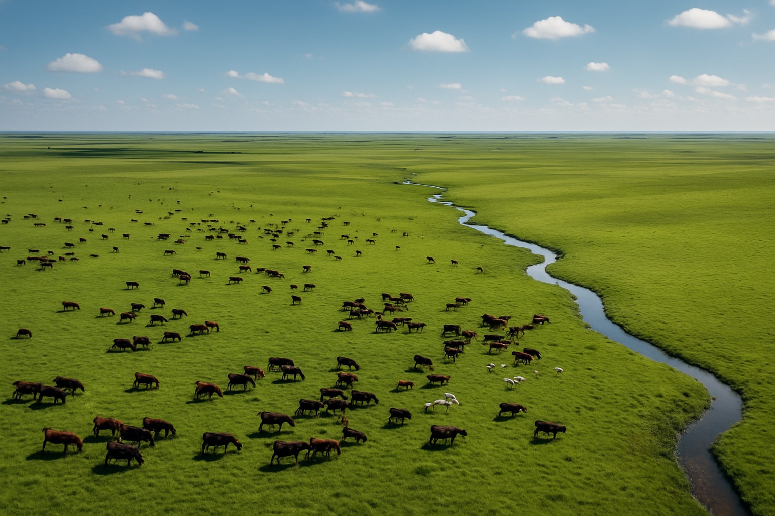 Weitläufige grüne Graslandschaft in Uruguay mit grasenden Rindern und einigen weißen Schafen, durchzogen von einem sanft geschwungenen Fluss unter blauem Himmel mit weißen Wolken.