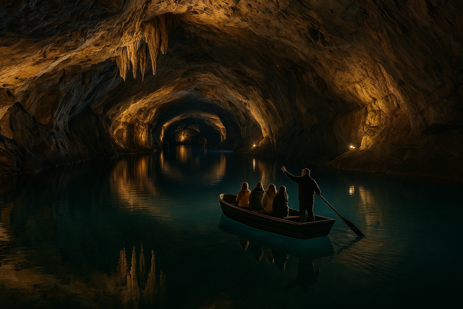 Ein Boot mit Touristen gleitet über den klaren, türkisfarbenen Wasserspiegel des unterirdischen Sees von Saint-Léonard, während die beleuchteten Tropfsteine von der Höhlendecke eindrucksvoll reflektiert werden.