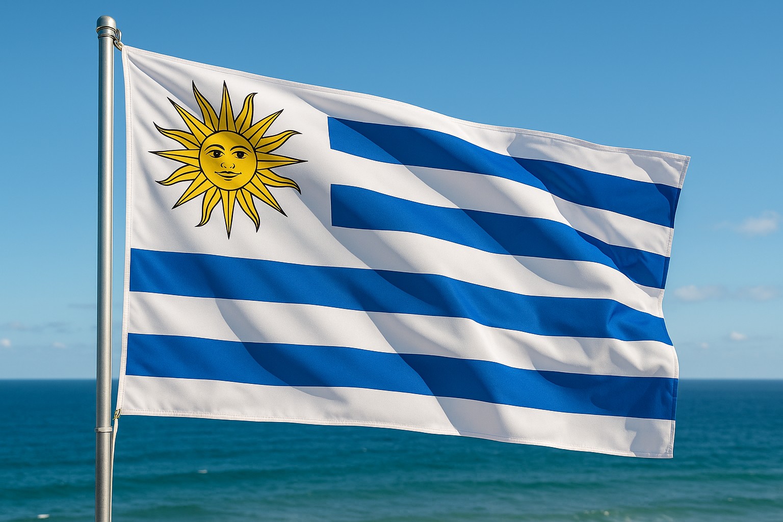 Uruguays Nationalflagge weht im Wind vor einem klaren blauen Himmel mit dem Ozean im Hintergrund, zeigt blaue und weiße Streifen mit der goldenen Sonne von Mai.