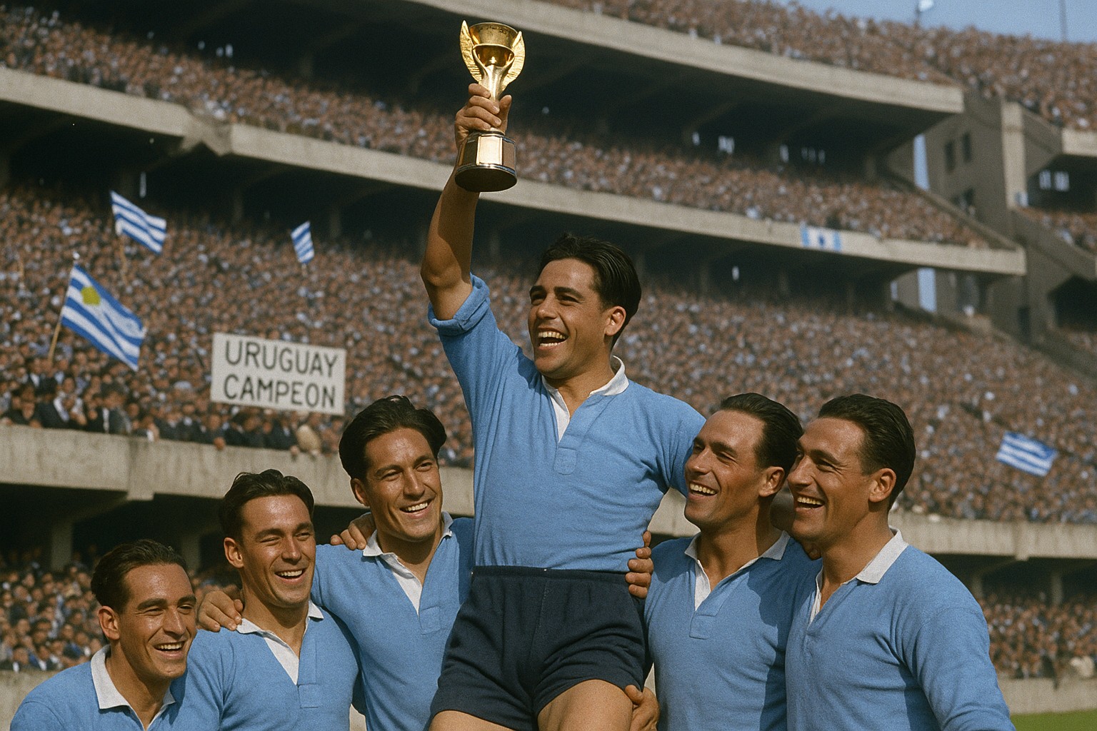 Eine kolorierte Aufnahme zeigt jubelnde uruguayische Fußballspieler im Estadio Centenario 1930, einer hebt die Jules-Rimet-Trophäe, umgeben von Fans mit uruguayischen Flaggen.