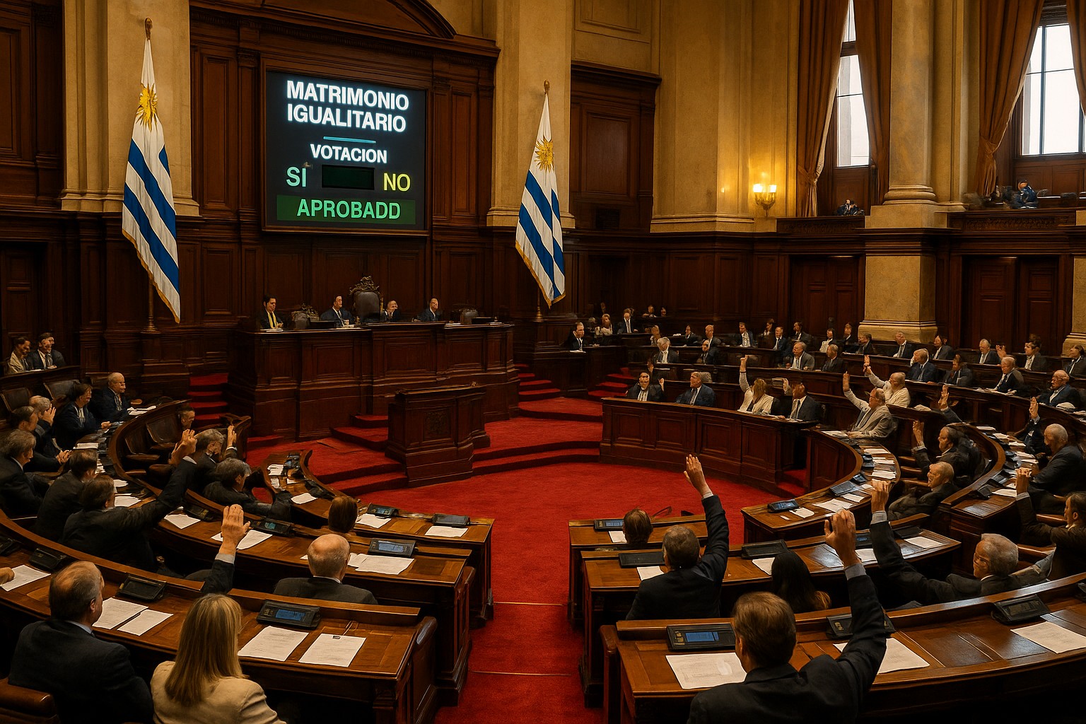 Uruguayische Abgeordnete stimmen im Parlament über die Legalisierung der gleichgeschlechtlichen Ehe ab, im Jahr 2013, in einem modernen Sitzungssaal mit nationalen Fahnen.