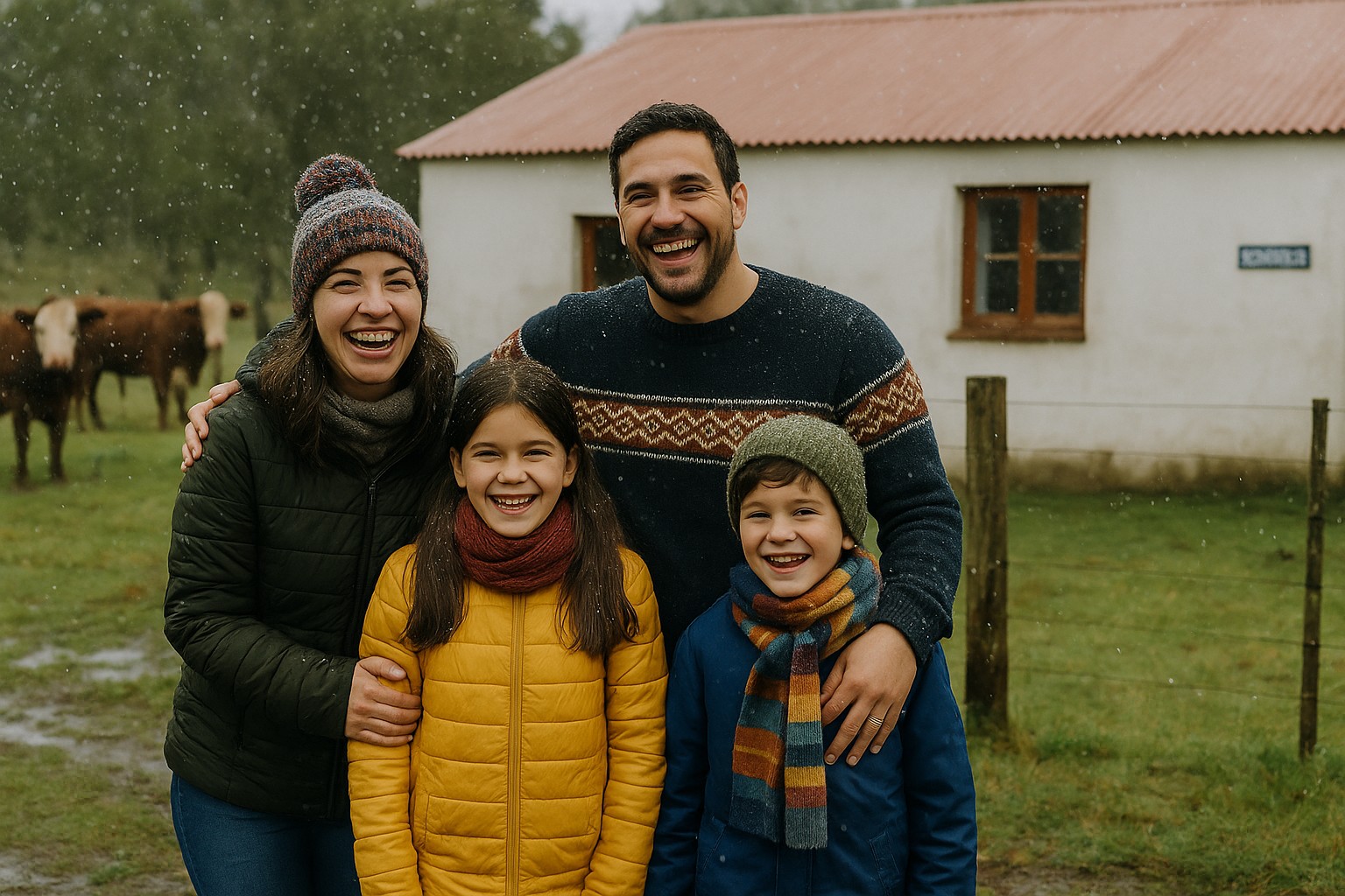 Eine uruguayische Familie mit Vater, Mutter, Tochter und Sohn steht lachend vor einem Bauernhaus, während leichter Schnee fällt. Im Hintergrund sind grasende Rinder zu sehen.
