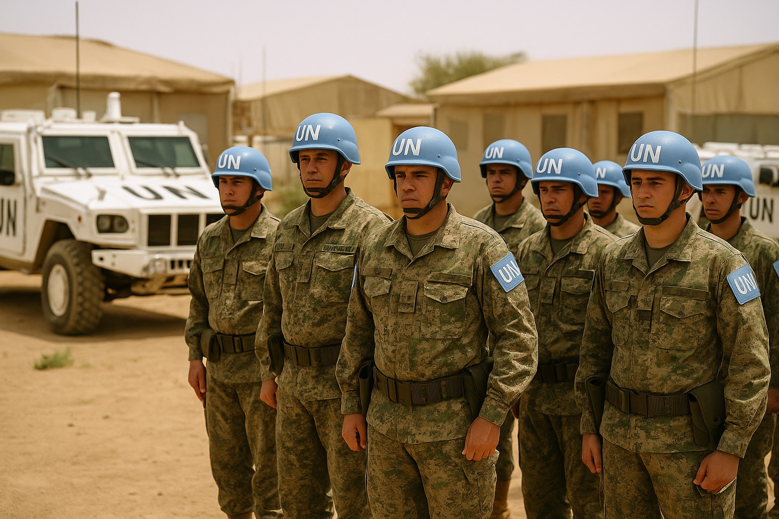 Eine Gruppe von acht uruguayischen UN-Friedenstruppen steht in Formation auf sandigem Boden, trägt Tarnuniformen mit blauen UN-Helmen und Armbinden, im Hintergrund weiße UN-Fahrzeuge und beige Zelte unter klarem Himmel.