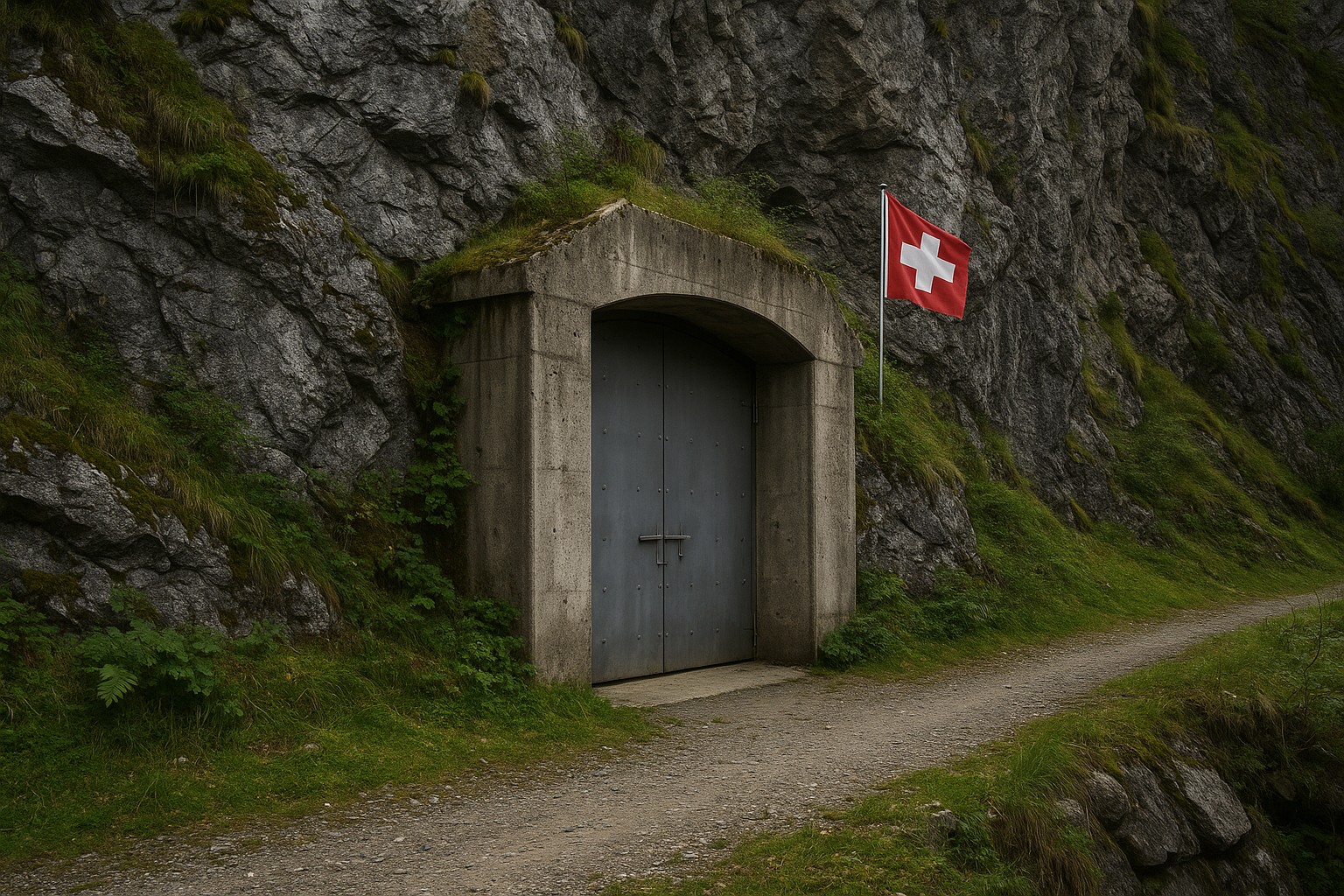 Ein versteckter Betonbunker mit großem Metalltor ist in eine felsige Bergwand der Alpen eingebaut, daneben weht eine kleine Schweizer Flagge, während ein Schotterweg daran vorbeiführt.