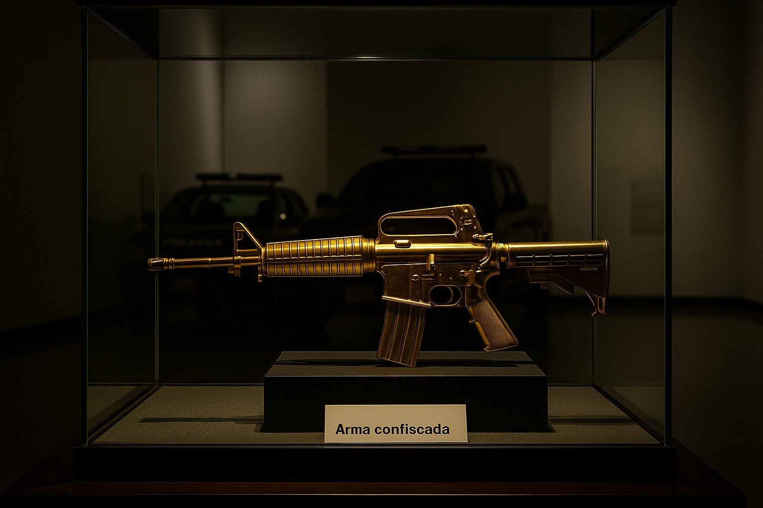 Ein vergoldetes Gewehr wird in einer Glasvitrine auf einem schwarzen Sockel im Drogenmuseum von Mexiko-Stadt ausgestellt, beschriftet mit „Arma confiscada“.