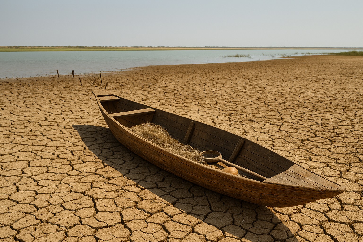 Ein verlassener hölzerner Fischerboot liegt auf einem ausgetrockneten, rissigen Seegrund, während im Hintergrund ein schmaler Streifen Wasser und Vegetation unter klarem Tageslicht zu sehen ist.
