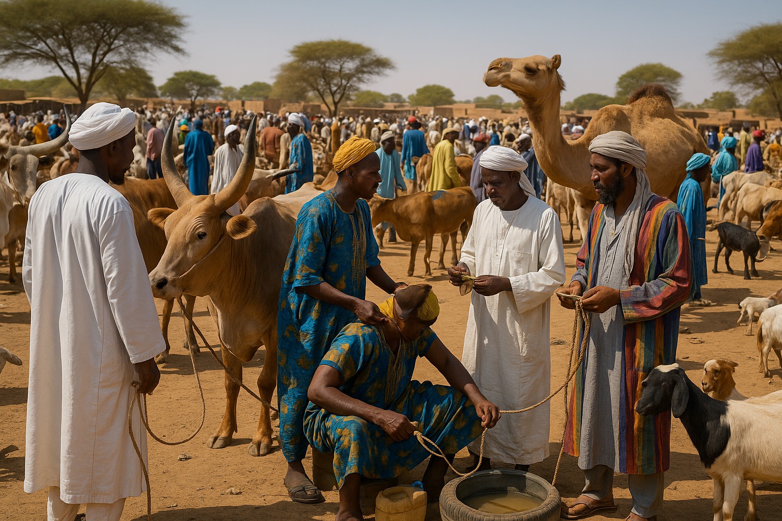 Ein belebter Viehmarkt im Tschad mit zahlreichen Zebu-Rindern, Kamelen und Ziegen. Männer in weißen Jalabiyas, bunten Gewändern und Turbanen verhandeln, zählen Geld und führen Tiere an Seilen, während im Hintergrund Akazienbäume, Lehmziegelbauten und weitere Händler zu sehen sind.
