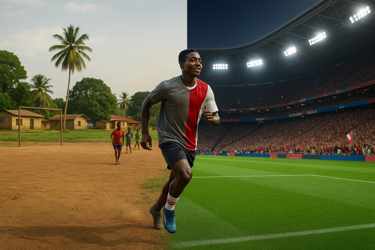 Kompositaufnahme zeigt den Übergang eines ghanaischen Fußballspielers vom staubigen Dorfplatz zum modernen europäischen Stadion.