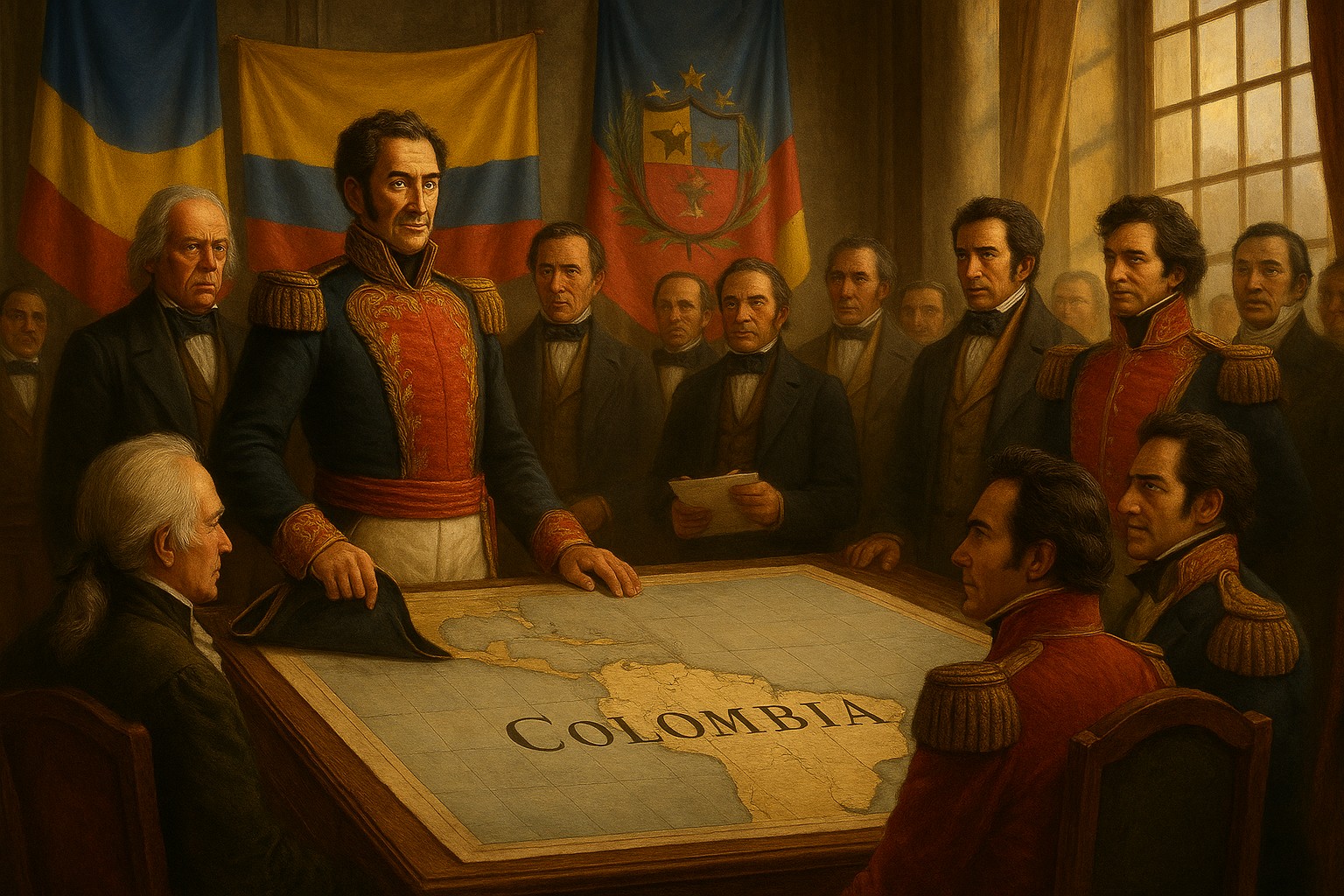 Historisches Gemälde mit Simón Bolívar in Militäruniform, der vor einem Tisch mit einer großen Karte steht, auf der „Colombia“ geschrieben ist, umgeben von Männern in Kleidung des 19. Jahrhunderts, mit farbigen Flaggen im Hintergrund.