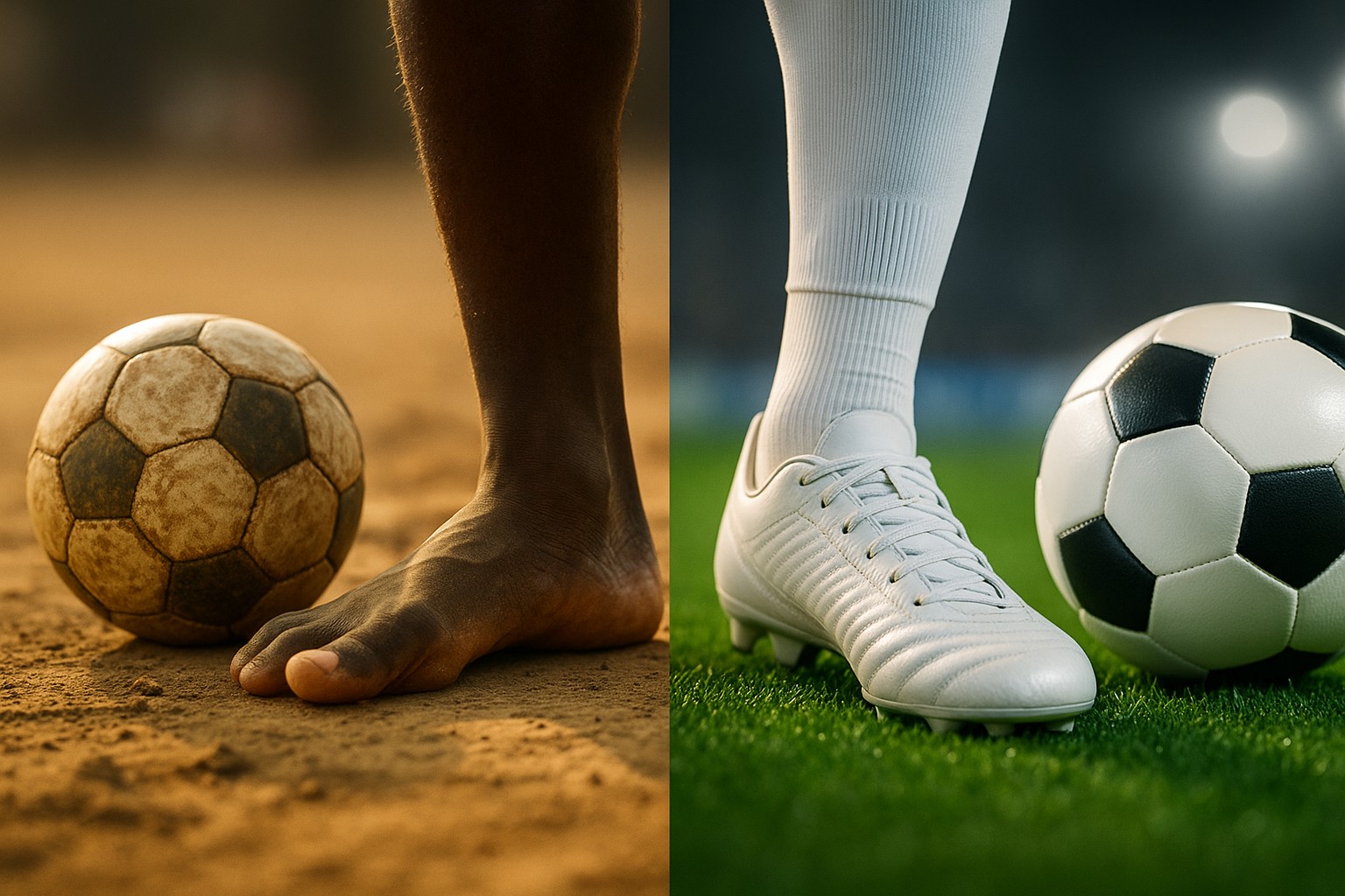 Ein geteiltes Bild zeigt die Entwicklung eines ghanaischen Fußballspielers – links ein barfußer Fuß auf staubigem Boden mit einem alten, abgenutzten Ball, rechts derselbe Fuß in weißen Stutzen und einem professionellen Schuh auf grünem Rasen mit einem modernen Ball.