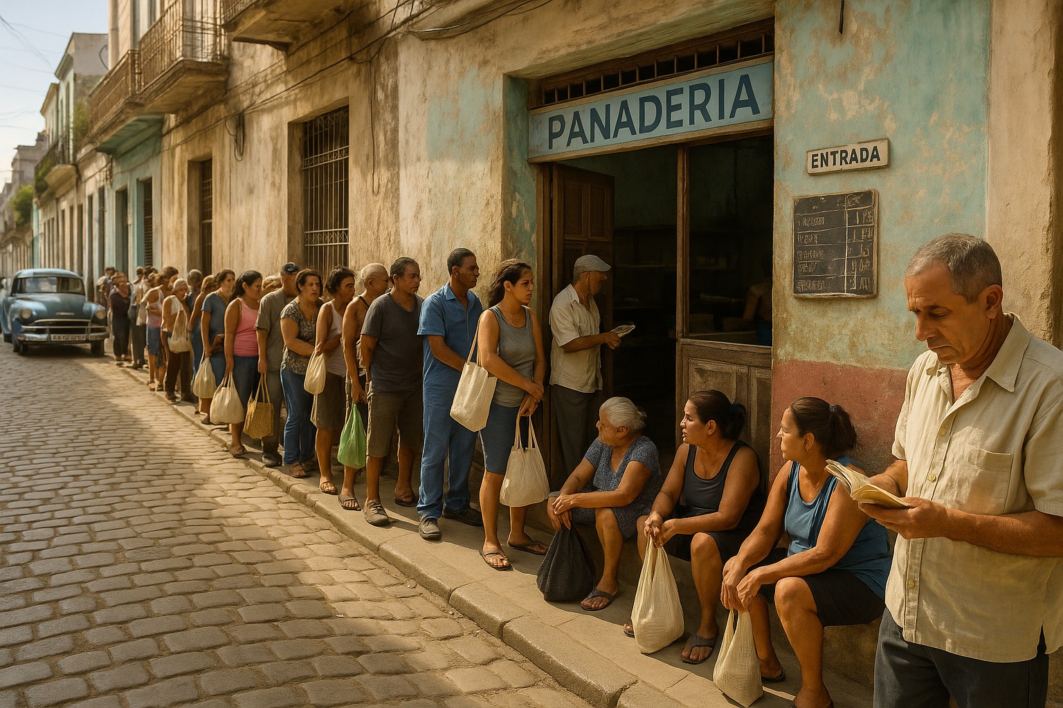 Eine Straßenszene in Alt-Havanna zeigt eine lange Schlange von Menschen, die vor einer kleinen Panadería mit verblasstem Schild warten, umgeben von pastellfarbenen, abgenutzten Gebäuden und einem geparkten Oldtimer.
