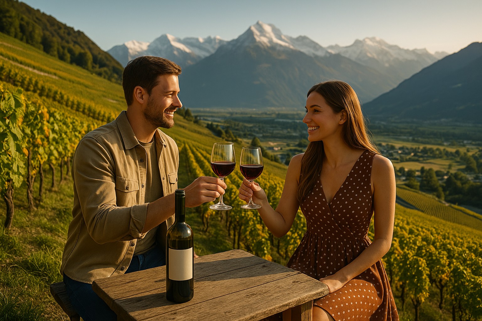 Ein attraktives Paar stößt mit Gläsern Rotwein in einem Weinberg in der Schweiz an, mit den Alpen im Hintergrund und goldenem Abendlicht.