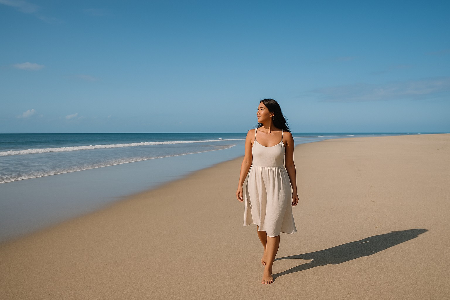Eine junge Frau mit dunklem Haar und einem hellen Sommerkleid spaziert barfuß an einem fast leeren Strand in Panama entlang, während die sanften Wellen den Sand berühren.