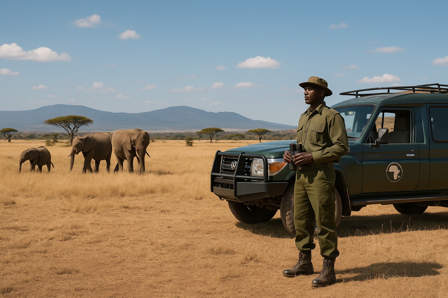 Ein kenianischer Wildhüter in grüner Uniform steht neben einem grünen Land Cruiser und hält ein Fernglas, während im Hintergrund drei Elefanten in der Savanne grasen, mit Akazienbäumen und Bergen am Horizont.