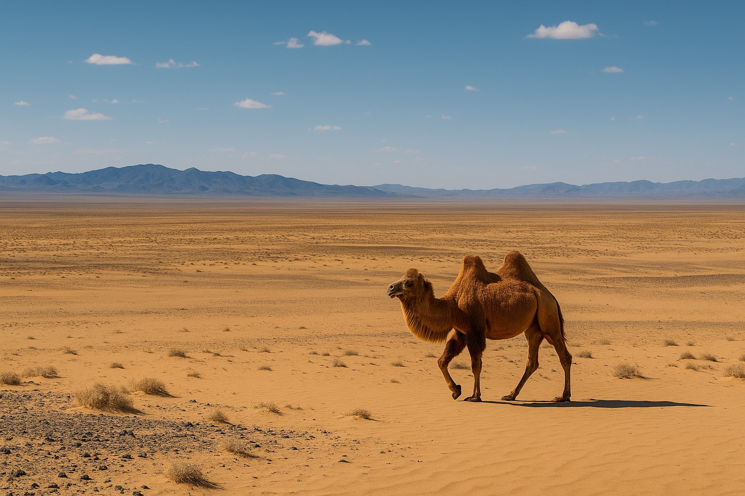 Ein wildes Baktrisches Kamel mit zwei Höckern zieht durch die endlose Wüste Gobi, im Hintergrund weite Sand- und Felsflächen sowie ferne blaue Gebirgszüge unter klarem Himmel.