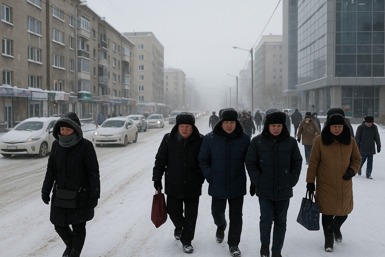 Passanten in dicken Wintermänteln und Fellmützen gehen durch eine verschneite Hauptstraße in Ulaanbaatar, während Autos langsam durch den Schnee fahren und graue Gebäude die Szene einrahmen.