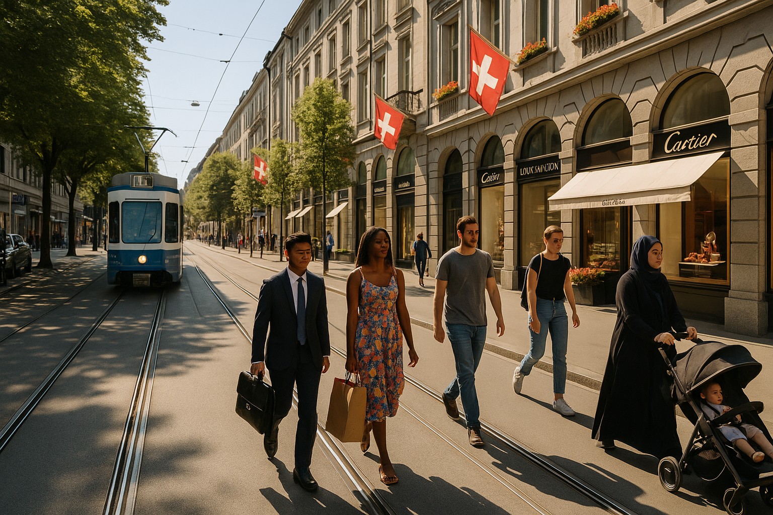 Eine belebte Szene auf der Zürcher Bahnhofstrasse: Ein blaues Tram fährt links, rechts säumen elegante Boutiquen mit Schweizer Flaggen die Straße, während diverse Passanten – darunter ein Geschäftsmann, eine Frau im bunten Kleid, ein Paar und eine Mutter mit Kinderwagen – auf dem Gehweg spazieren.