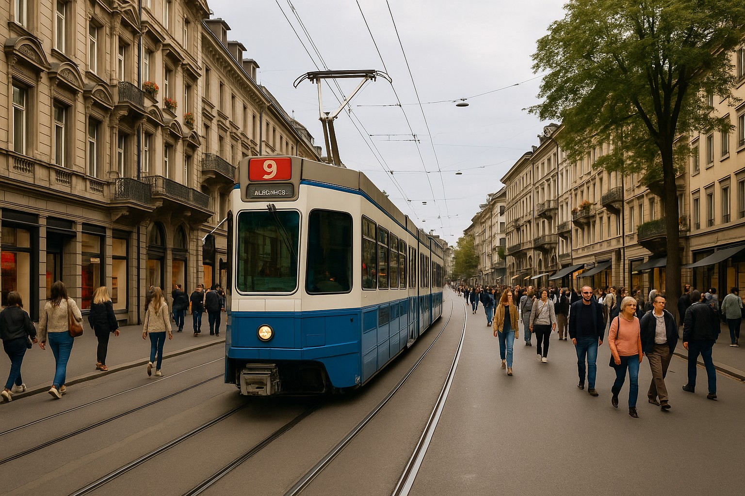 Eine Straße in Zürich mit einem blauen Tram der Linie 9, das durch das Stadtzentrum fährt, flankiert von historischen Gebäuden und vielen Passanten auf beiden Seiten.