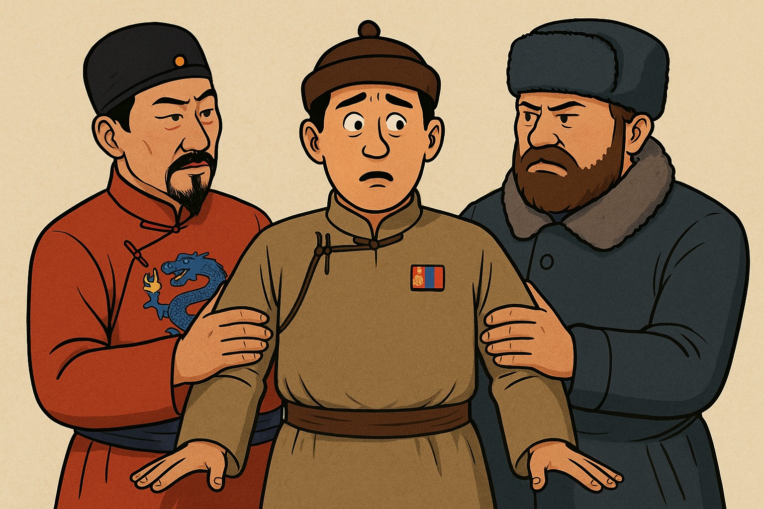 Eine traditionelle Karikatur zeigt drei Männer in landestypischer Kleidung – ein Mongole in der Mitte mit einem verwirrten Blick, flankiert von einem streng dreinblickenden Chinesen in rotem Gewand mit Drachenmotiv links und einem grimmigen Russen mit Fellmütze und Mantel rechts. Beide Nachbarn legen dem Mongolen symbolisch die Hände auf die Schultern.