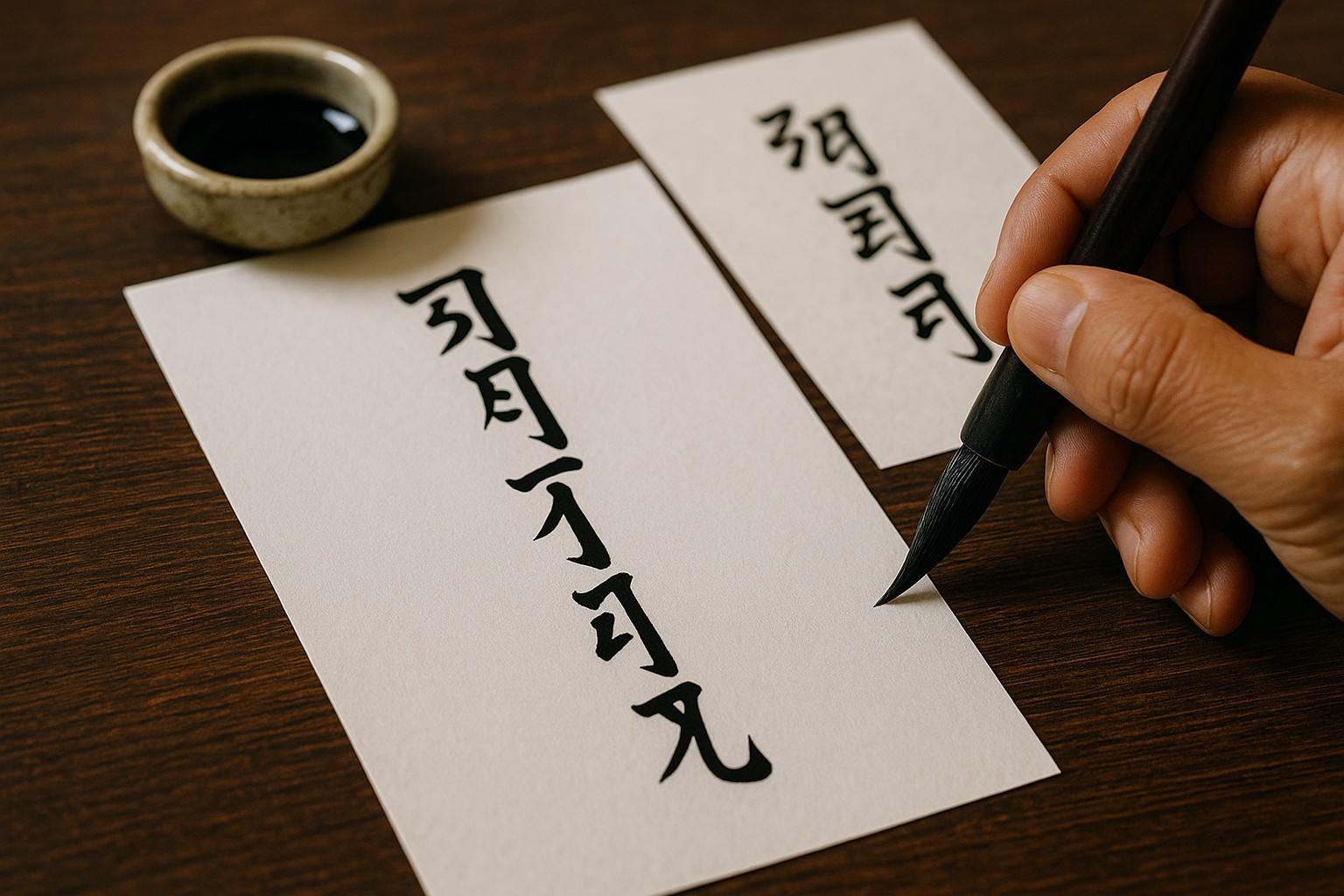 Nahaufnahme einer Hand, die mit einem traditionellen Pinsel den Schriftzug „Монгол Улс“ in klassischer mongolischer Schrift (Hudum bichig) auf weißes Papier schreibt.