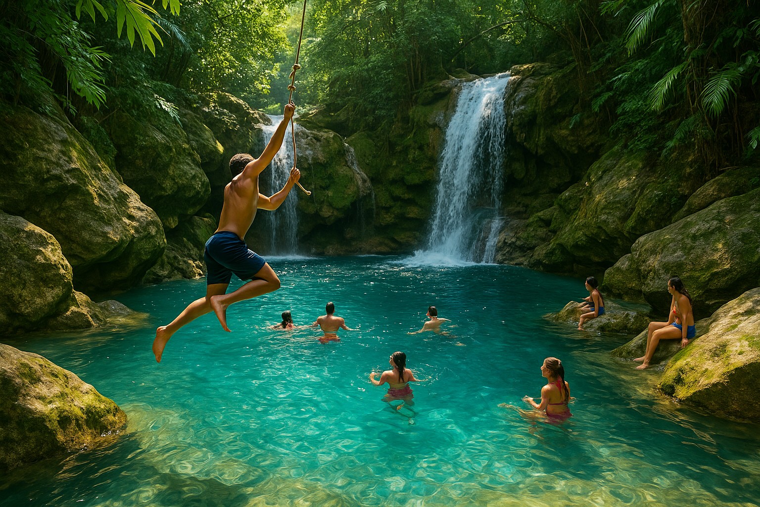 Menschen genießen die türkisblauen Naturpools von Bassin Bleu in Haiti; ein junger Mann schwingt sich an einem Seil über das Wasser, während andere im Pool schwimmen oder auf Felsen sitzen, mit einem Wasserfall im Hintergrund.
