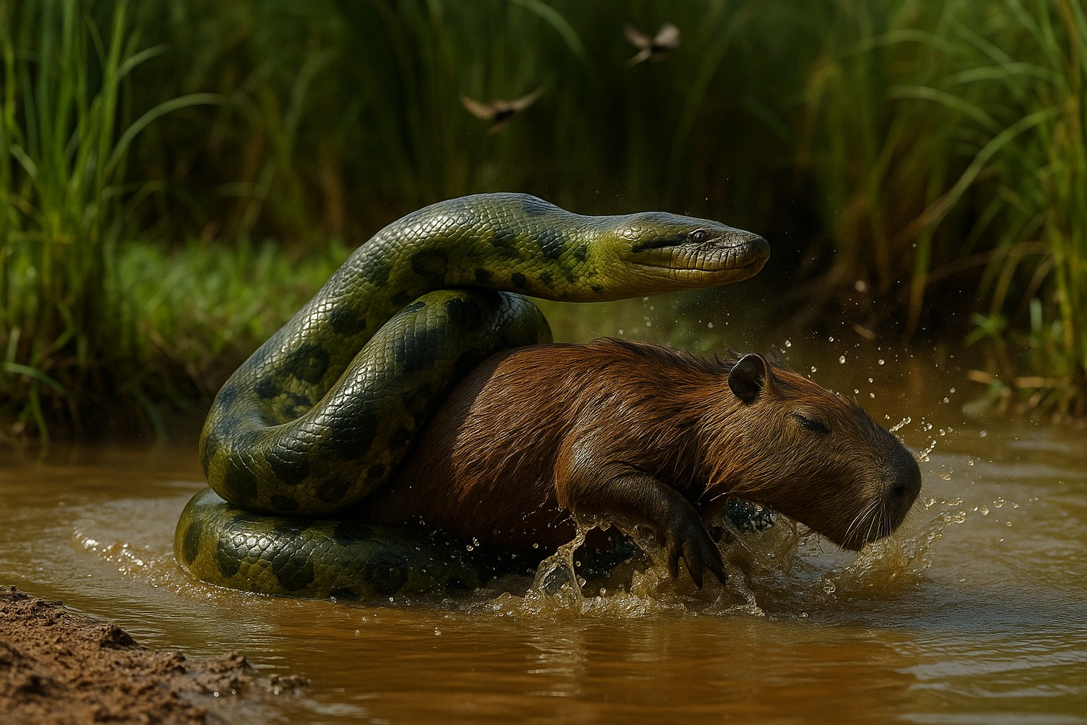 Eine grüne Anakonda windet sich kraftvoll um ein großes Capybara in einem schlammigen Fluss der Llanos, während Wasser spritzt und die Szene von hohen Gräsern umgeben ist.
