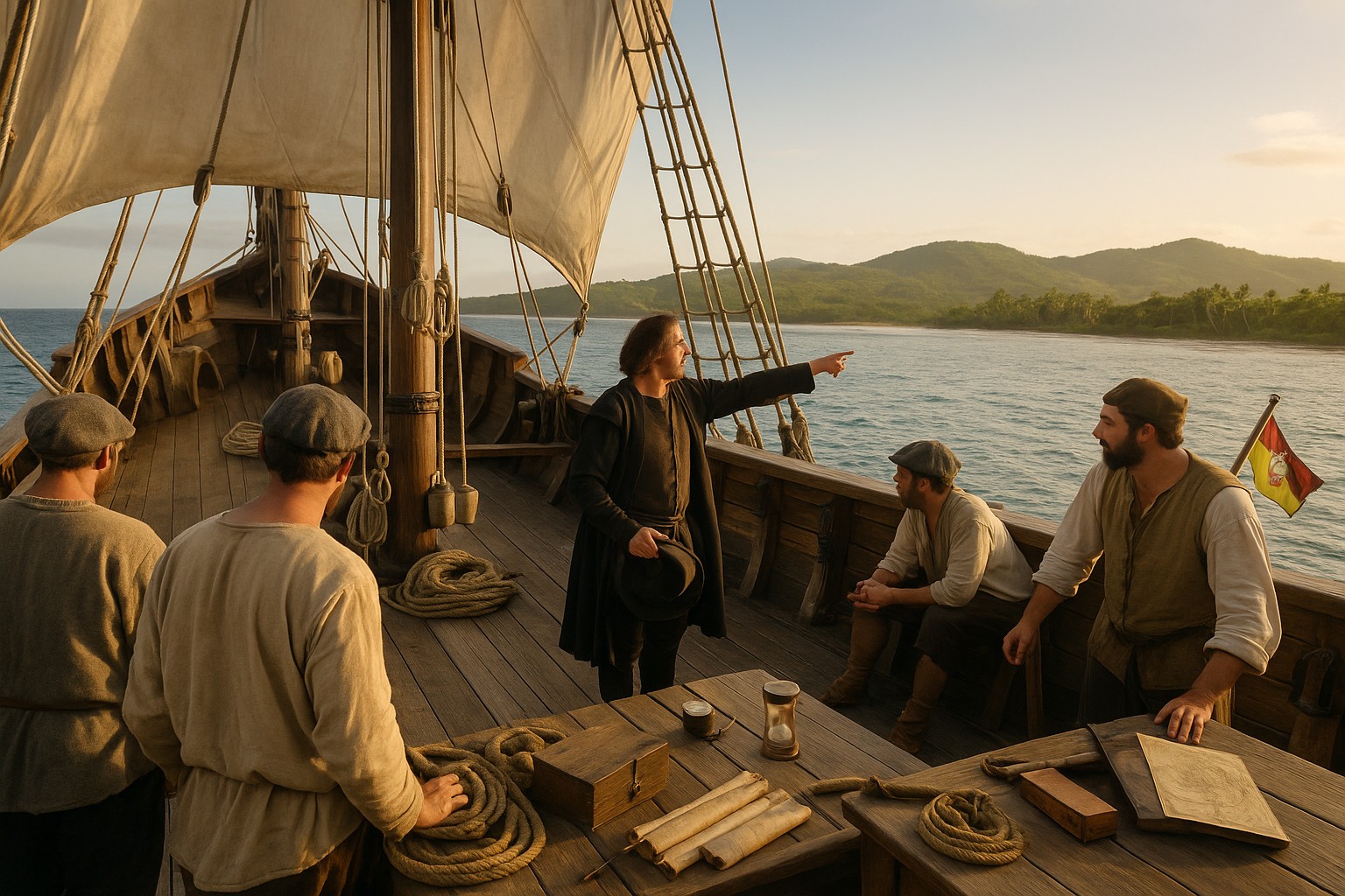 Historische Darstellung: Columbus und seine Mannschaft stehen auf dem Deck der Santa María und blicken auf die tropische Küste von Hispaniola. Ein Seefahrer weist vom Schiffsbug Richtung Land, während andere Matrosen in einfacher Kleidung das Deck mit Seilen und Seekarten vorbereiten.
