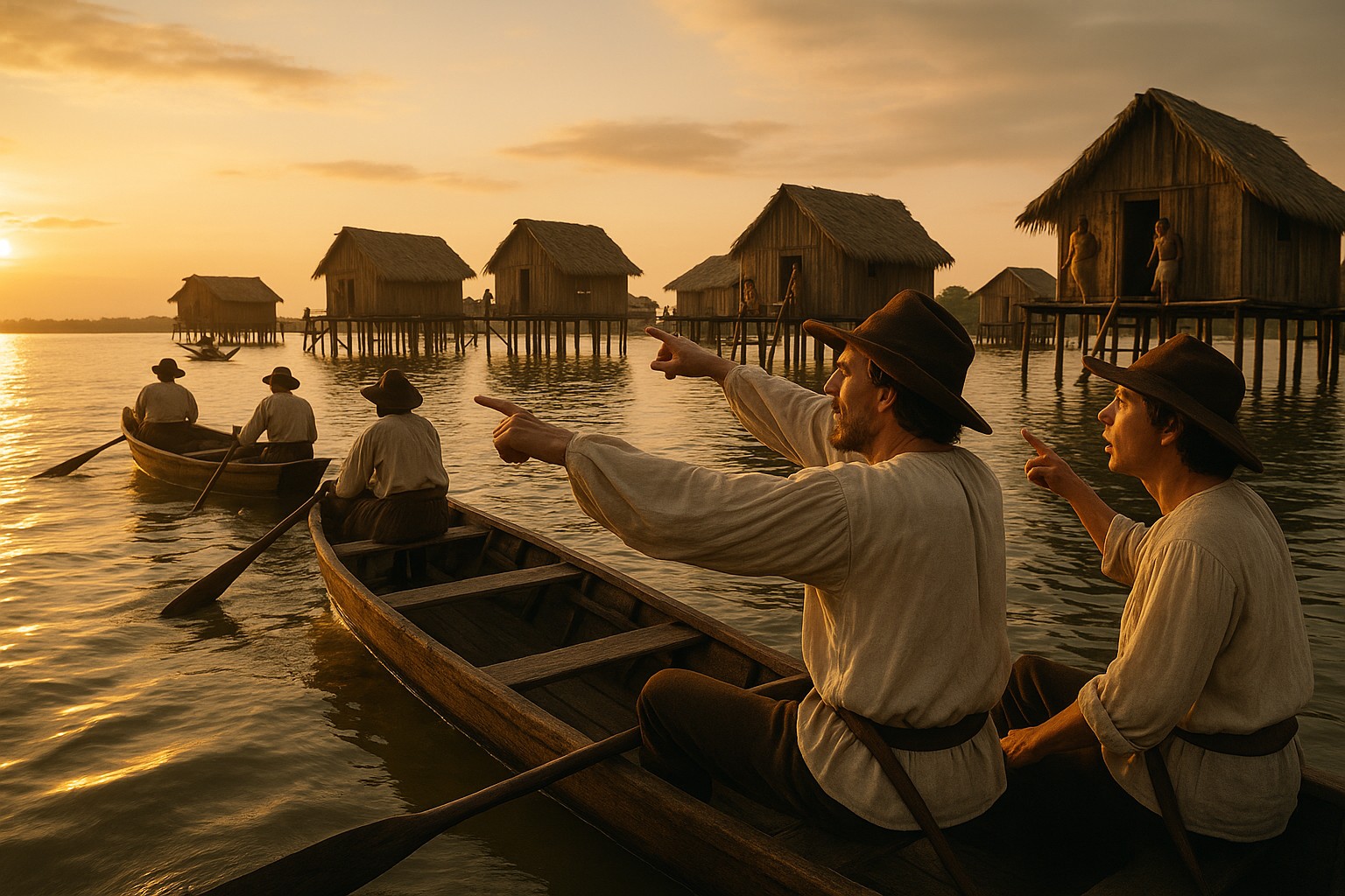 Historische Szene spanischer Entdecker auf dem Maracaibo-See bei Sonnenuntergang, mit Kanus, die auf Stelzenhäuser indigener Dörfer zufahren.
