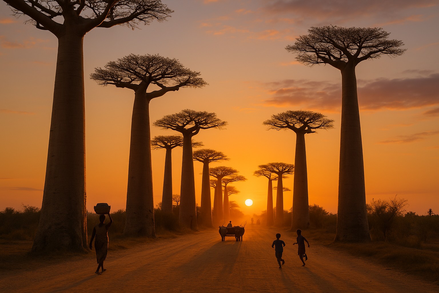 Die Allee der Affenbrotbäume bei Morondava in Madagaskar im goldenen Sonnenuntergang; eine Frau trägt einen Korb auf dem Kopf, zwei Kinder rennen spielerisch und ein Mann fährt einen Ochsenkarren die staubige Straße entlang.
