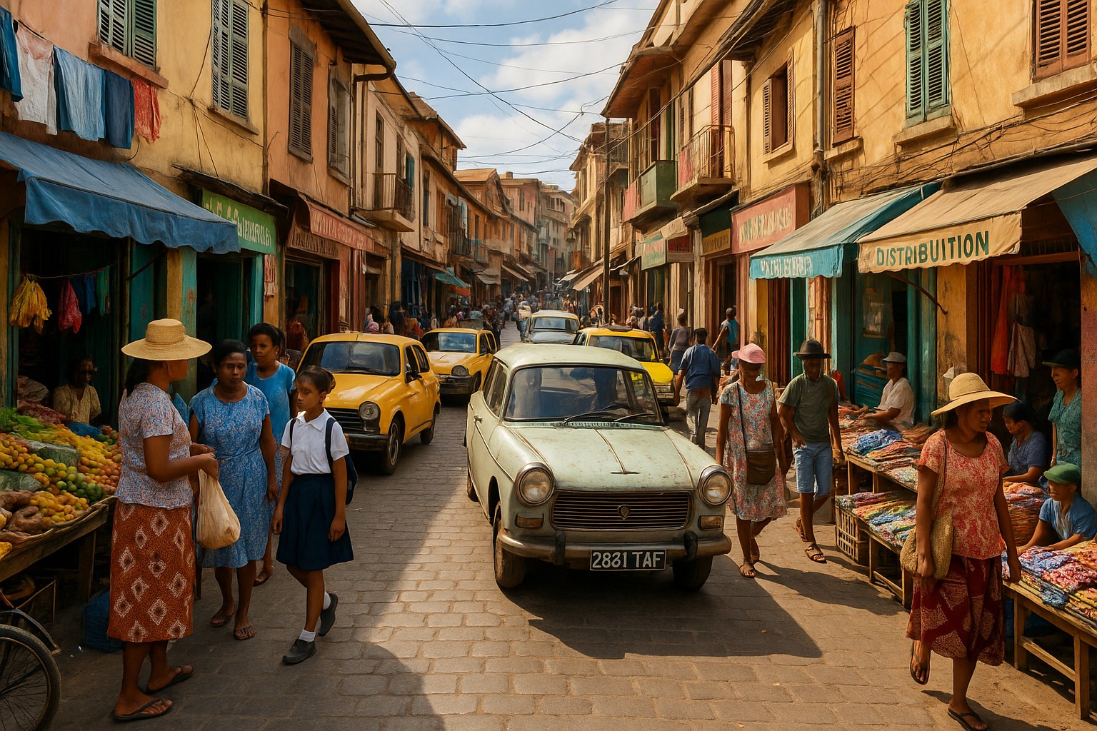 Straßenszene in Antananarivo: Menschen kaufen Obst und Stoffe an Marktständen, während alte gelbe Taxis und ein Peugeot durch die enge Straße fahren, flankiert von bunten, abgenutzten Gebäuden.
