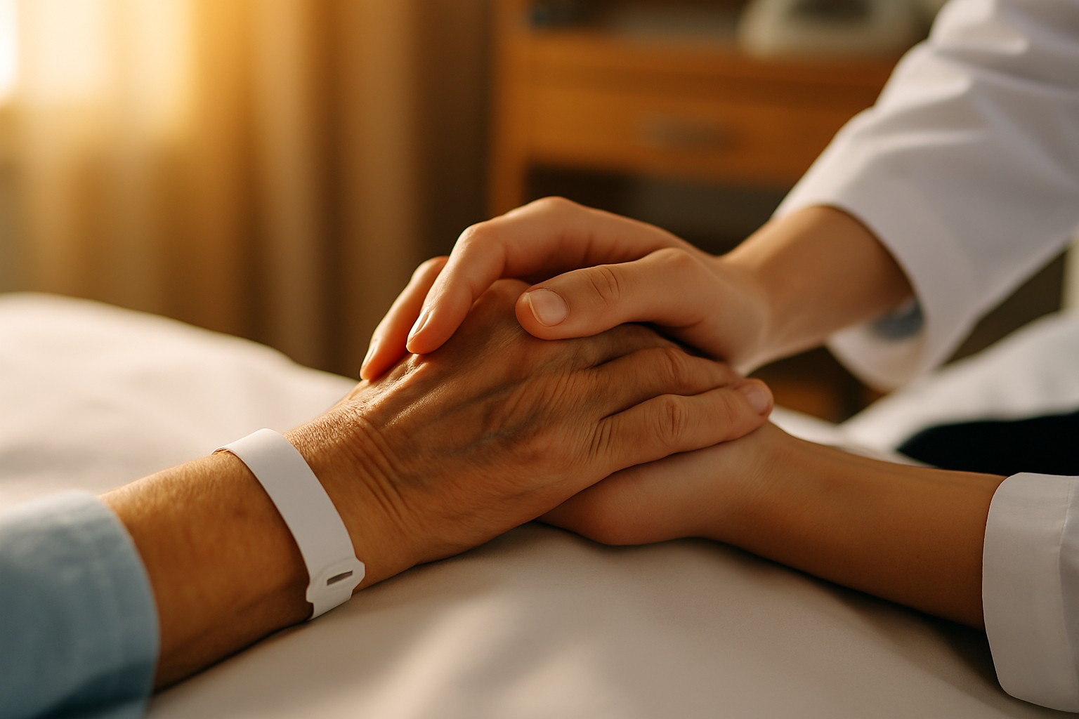 Zwei Hände in einem belgischen Krankenhaus: Die faltige Hand eines älteren Patienten mit weißem Armband wird sanft von der Hand eines jüngeren Arztes gehalten. Warmes Sonnenlicht fällt durch das Fenster, der Hintergrund ist weich unscharf.