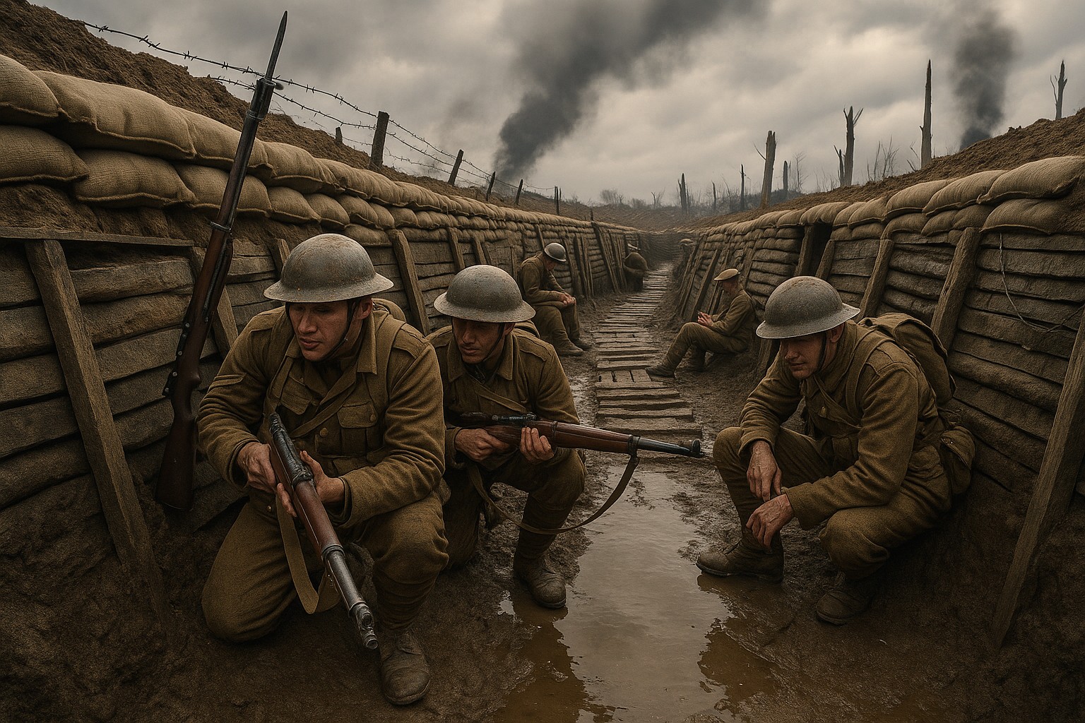 Ein hochrealistisches Foto zeigt britische Soldaten im Ersten Weltkrieg in einem Schützengraben bei Ypern. Drei Soldaten mit Stahlhelmen und braunen Uniformen kauern im Vordergrund im Schlamm mit Gewehren, während weitere Kameraden im Hintergrund auf den Holzstegen des Grabens sitzen. Über den Sandsäcken und Stacheldraht steigt Rauch vom entfernten Artilleriefeuer in den grauen Himmel.