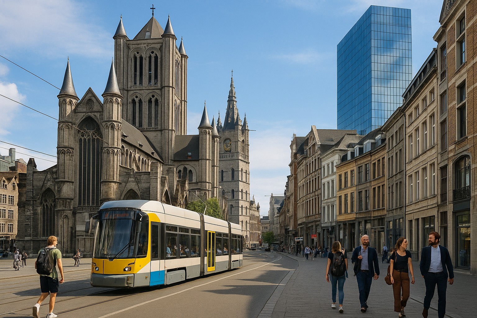 Ein fotorealistisches Straßenbild in Belgien zeigt links eine gotische Kathedrale aus Stein und rechts ein modernes Glas-Hochhaus. Davor fährt ein gelb-weißer Straßenbahnzug, während Passanten in moderner Kleidung den Gehweg entlanggehen.